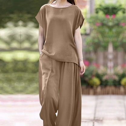 Women’s Two-Piece Set – Loose Fit Blouse – Wide-Leg High-Waist Pants – Lightweight Breathable