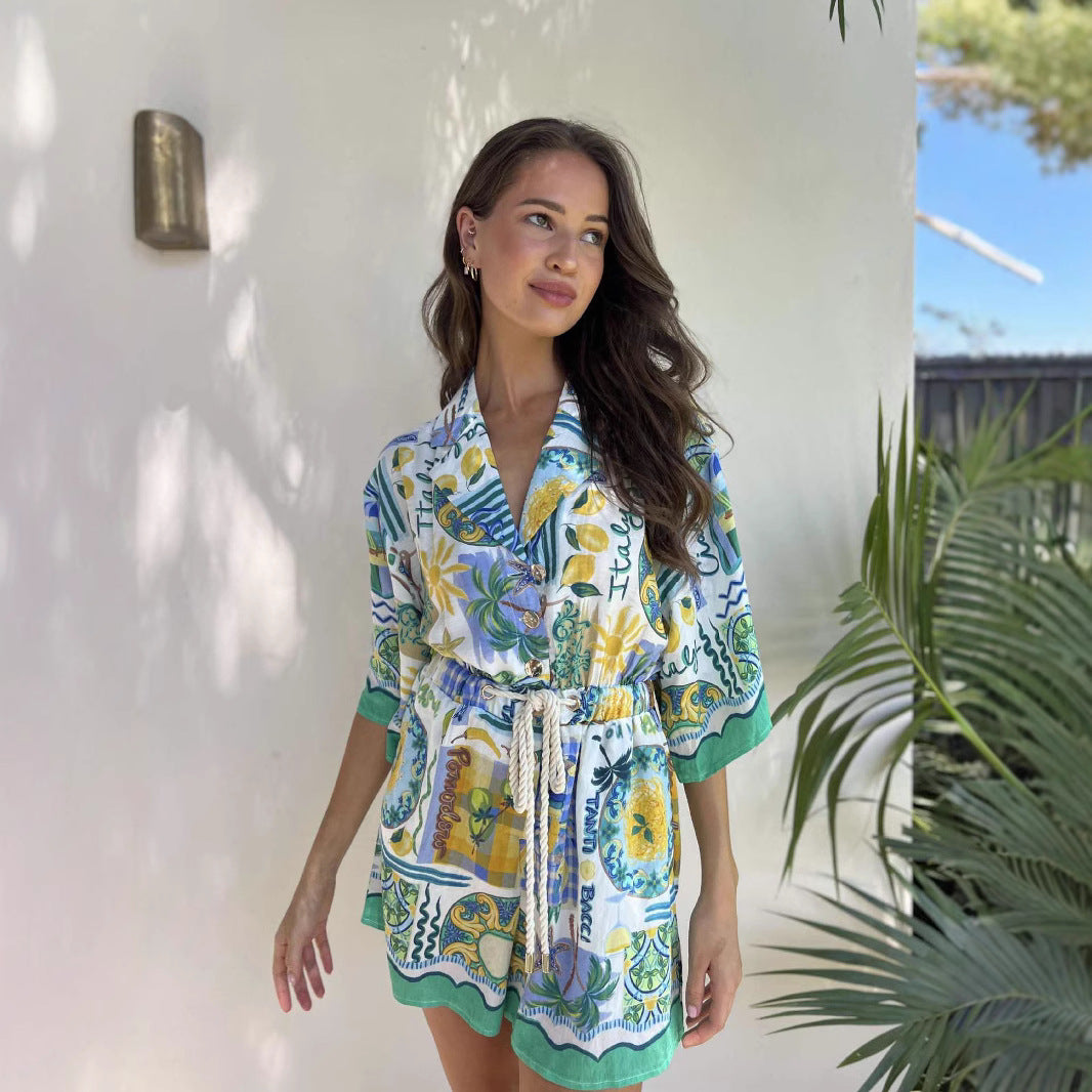 Women’s Romper – Relaxed Fit – Floral Print – Waist Tie – Lightweight Casual Wear