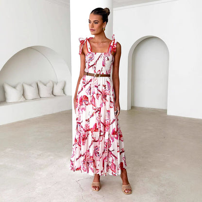 Women’s Maxi Dress – Shirred Bodice – Adjustable Straps – Tiered Skirt – Floral Print