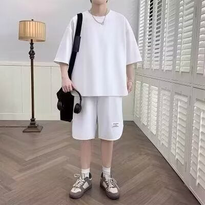 Men’s Athletic Set – Relaxed Fit – Short Sleeve Top & Knee-Length Shorts – Cotton