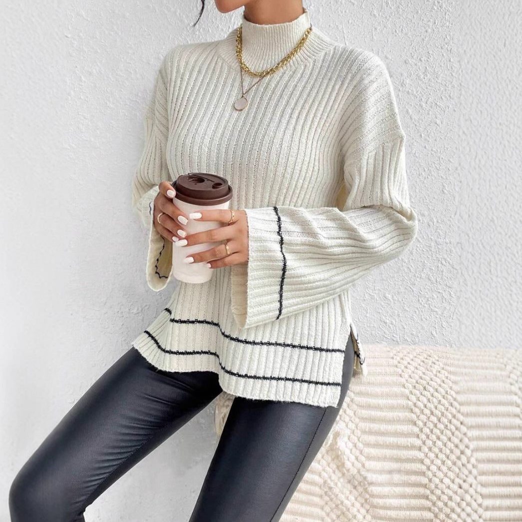 Women’s Knitted Sweater – Oversized Fit – Ribbed Texture – Mock Neck – Flared Sleeve