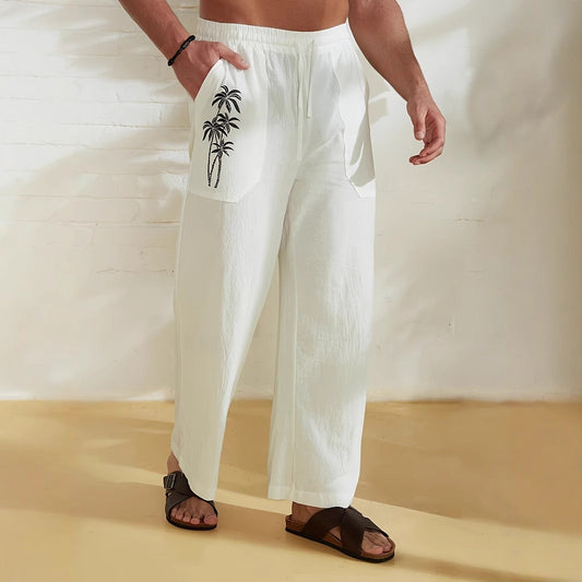 Men’s Wide-Leg Pants – Relaxed Fit – Lightweight Cotton Linen – Drawstring Waist – Palm Print