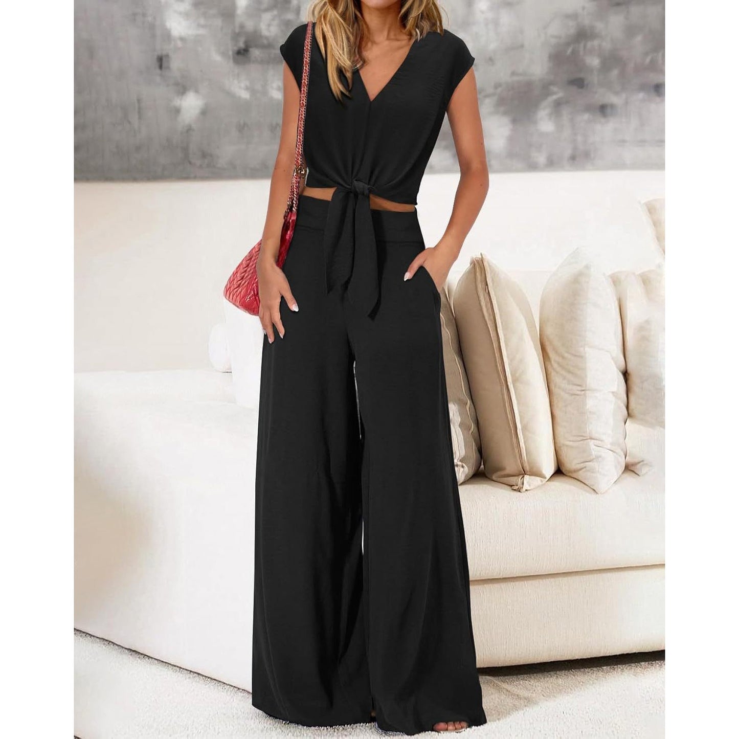 Women’s 2-Piece Set – Lightweight V-Neck Tie Front Crop Top – High-Waist Wide-Leg Pants