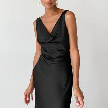 Women’s Evening Gown – Satin – Slim Fit – Draped Neck – Spaghetti Straps – Floor-Length