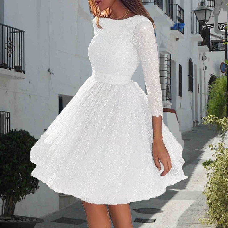 Women's A-Line Dress - Tulle - Fitted Bodice - Boat Neck - Sheer 3/4 Sleeves