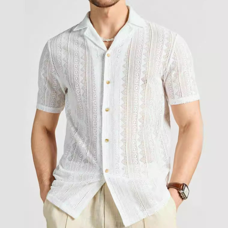 Men’s Short-Sleeved Shirt – Relaxed Fit – Lightweight Knit – Lace Button-Down Casual