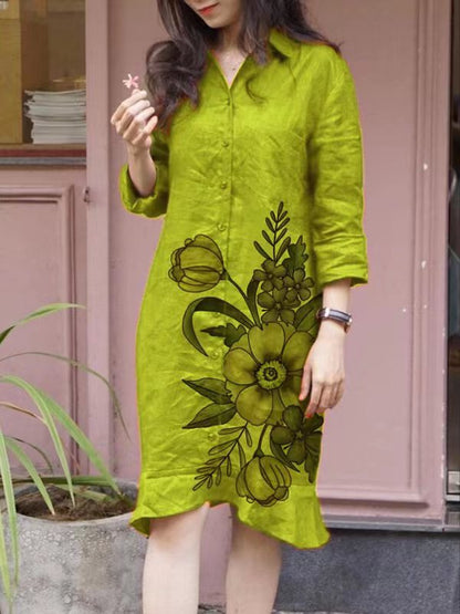 Women’s Shirt Dress – Cotton Feel – Relaxed Fit – Knee Length – Floral Print – Button Front