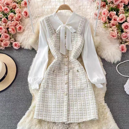Women’s Pinafore Dress Set – Tweed Midi Fit – Bow Neck Blouse – Button Front Style
