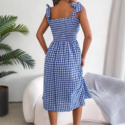Women’s Sundress – Checked Pattern – Smocked Bodice – Bow Strap – Midi Slim Fit