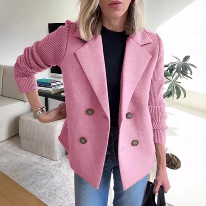 Women’s Blazer – Oversized Fit – Double-Breasted – Soft Knit Sleeves – Hip Length