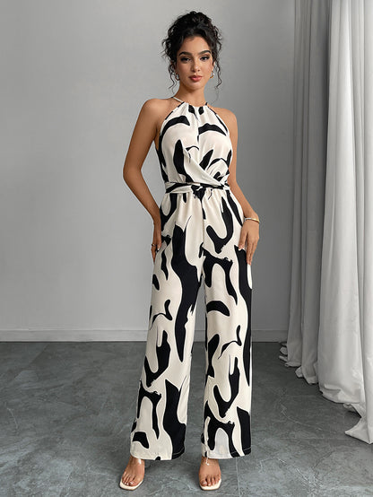 Women's Halter-Neck Jumpsuit - Elegant Wide-Leg Design - Abstract Pattern