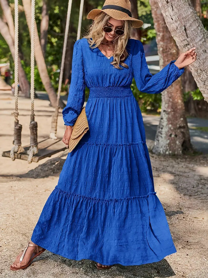 Women’s Maxi Dress – V-Neck – Smocked Waist – Tiered – Long Sleeve Flowy Fit