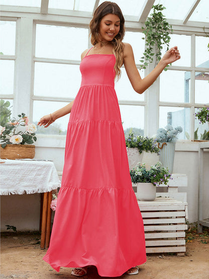 Women’s Evening Gown – Satin Look – Tiered Skirt – Backless – Spaghetti Straps