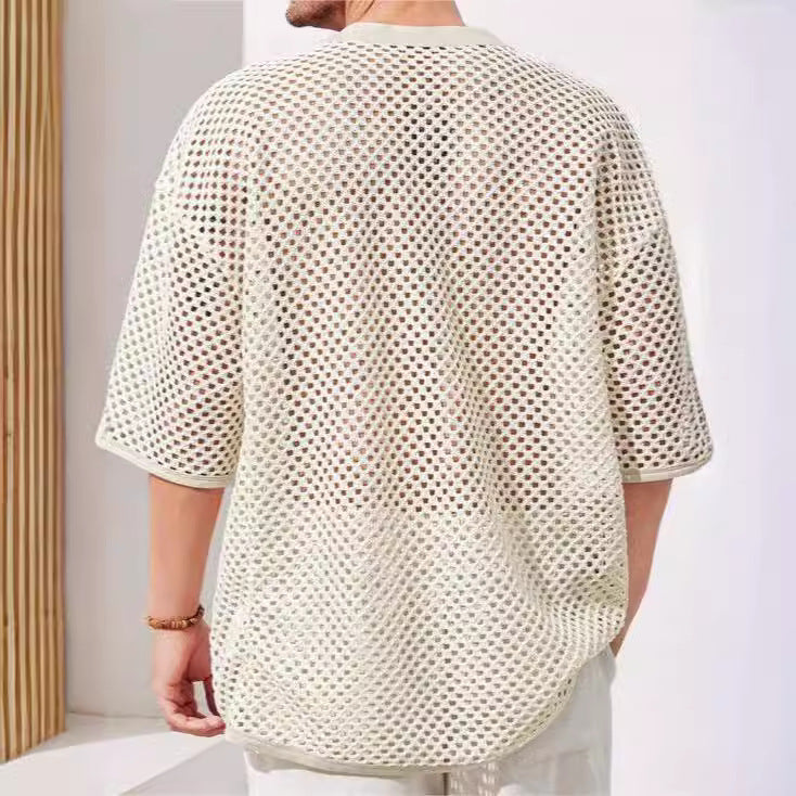 Men’s Mesh T-Shirt – Relaxed Fit – Lace-Up Chest – Mid Sleeve Breathable Casual Wear