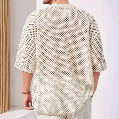 Men’s Mesh T-Shirt – Relaxed Fit – Lace-Up Chest – Mid Sleeve Breathable Casual Wear
