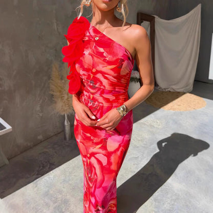 Women’s Midi Dress – Slim Fit – One Shoulder – 3D Floral Strap – Satin Finish