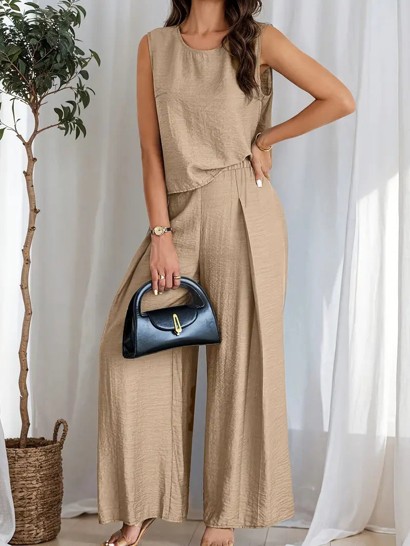 Women’s Wide-Leg Pants – High Waist – Pleated Front – Elastic Waist – Full Length