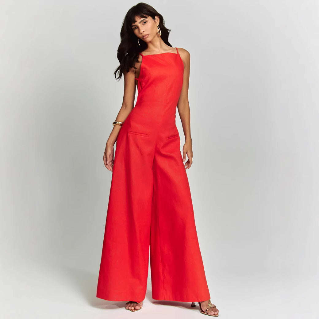 Women’s Jumpsuit – Sleeveless Wide Leg – Cotton Linen – Fitted Bodice – Full Length