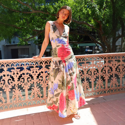 Women’s Maxi Dress – Slim Fit – Deep V-Neck – Spaghetti Straps – Floral Print