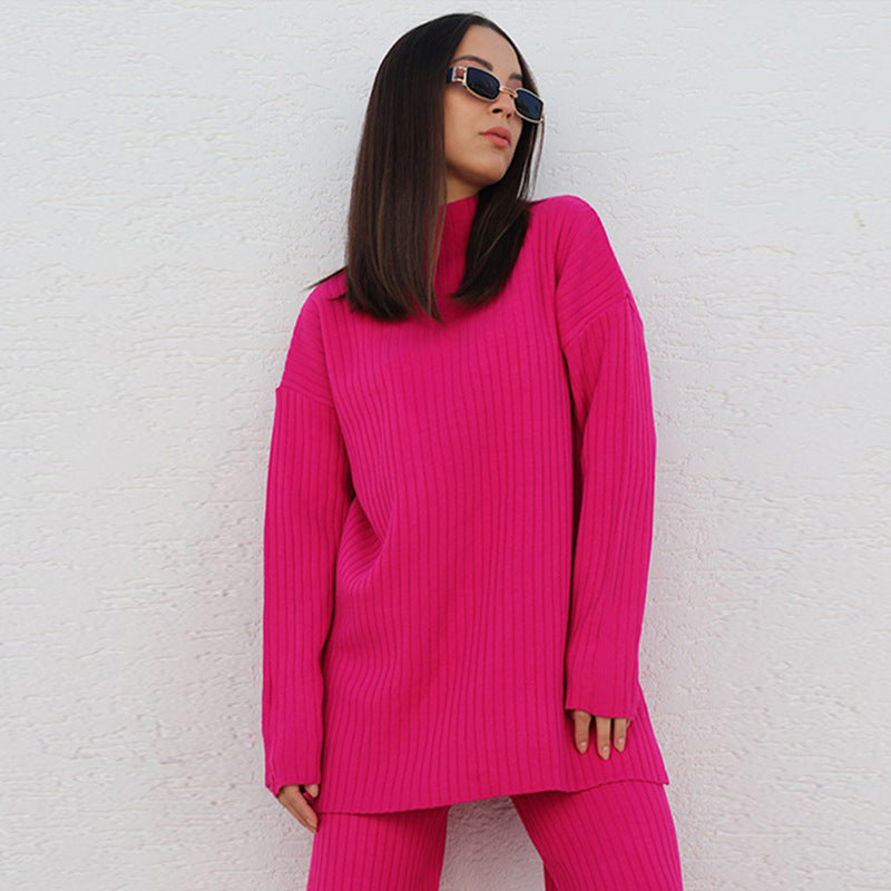 Women’s Knit Set – Ribbed Two-Piece – Oversized Top – Semi-High Neck – Full Length