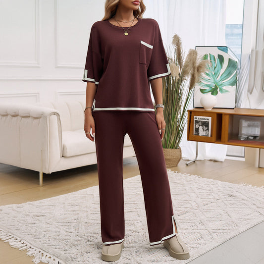 Women’s Knit Lounge Set – Relaxed Fit – Wide-Leg Pants – Contrast Trim – Soft Feel