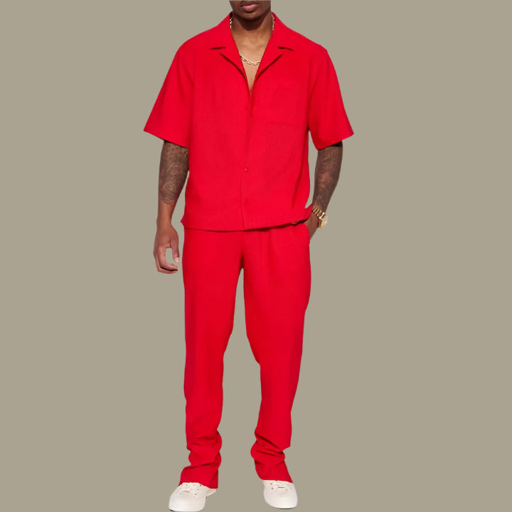 Men’s Casual Set – Relaxed Fit – Short Sleeve Collared Shirt – Full-Length Pants – Breathable Blend