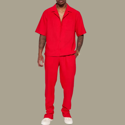 Men’s Casual Set – Relaxed Fit – Short Sleeve Collared Shirt – Full-Length Pants – Breathable Blend