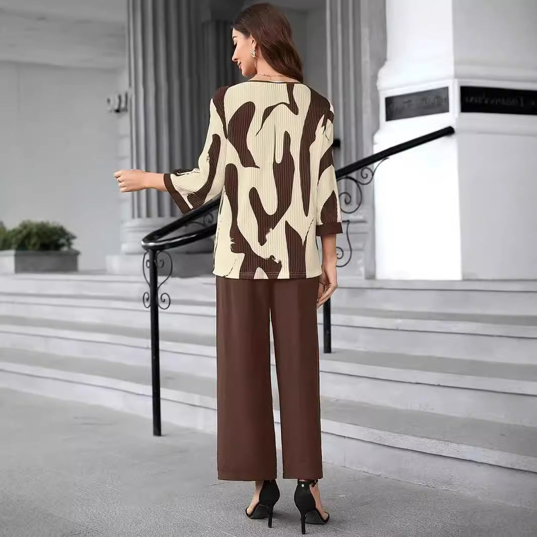 Women’s Knit Top and Pants Set – Abstract Print – Loose Fit – Round Neck – Mid Sleeve Casual Style