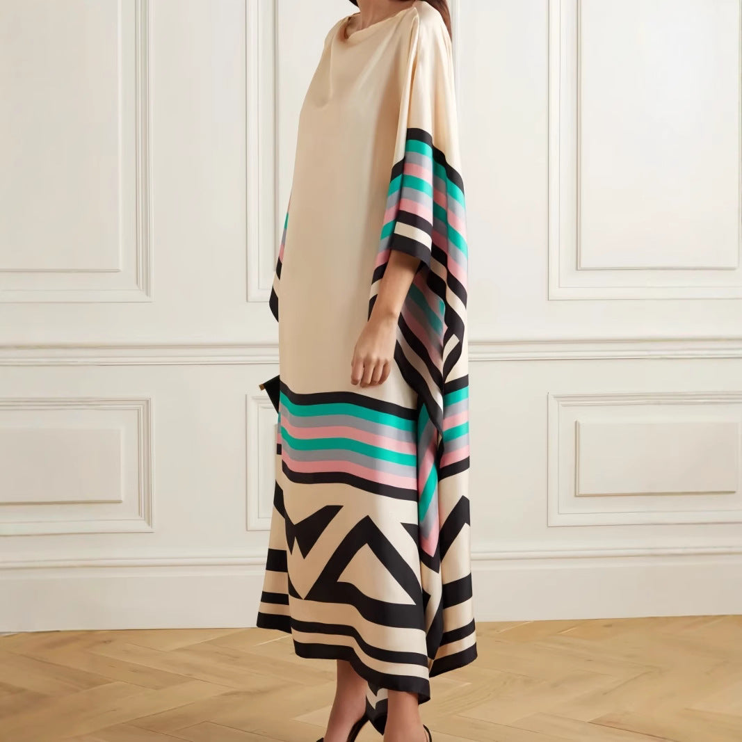 Women’s Maxi Dress – One Shoulder – Loose Fit – Asymmetrical Hem – Striped Panels