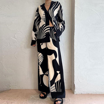 Women’s Matching Set – Relaxed Fit – Button-Up Top – Wide-Leg High-Waist Pants