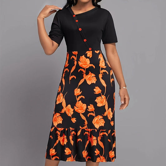 Women’s Midi Dress – A-Line Fit – Floral Print – Button Detail – Short Sleeve