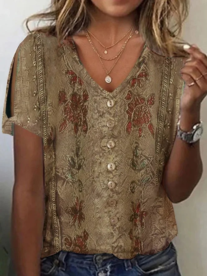 Women’s Blouse – Relaxed Fit – V-Neck Button Front – Embroidered Boho Style – Breathable Fabric