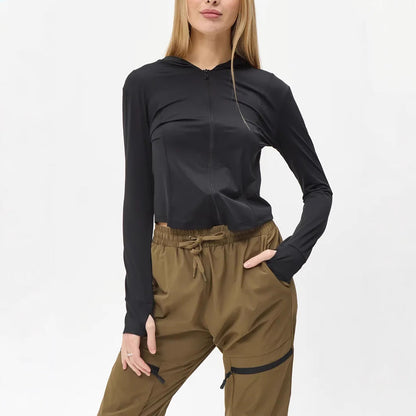 Women’s Hooded Top – Slim Fit – Cropped Length – Lightweight Stretch – Long Sleeve