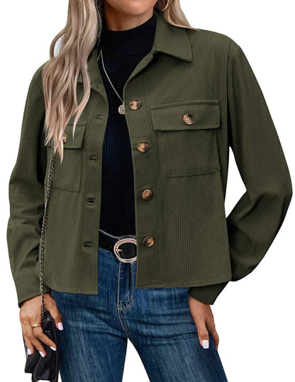 Women’s Utility Jacket – Relaxed Fit – Ribbed Fabric – Button Front – Chest Pockets