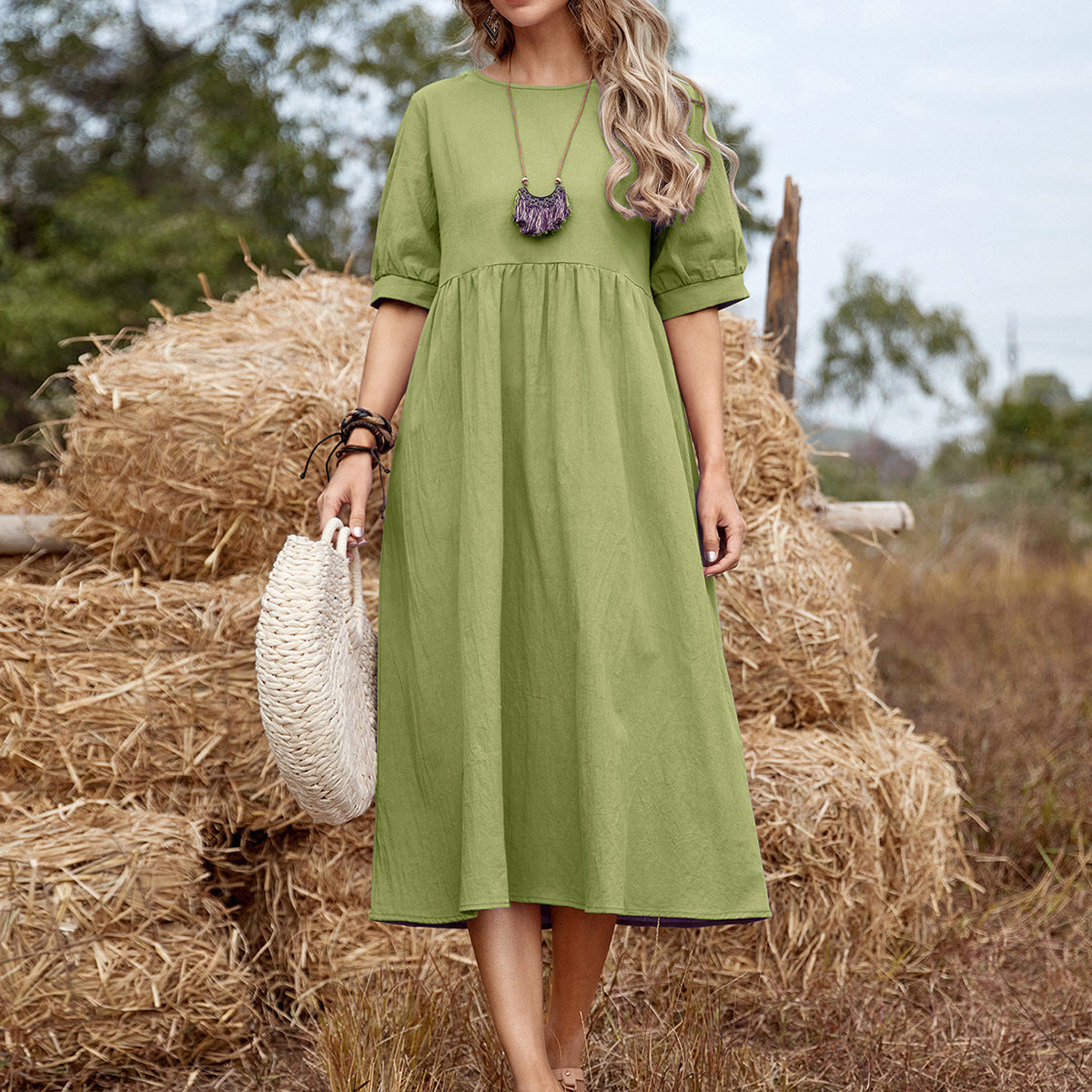Women’s Midi Dress – Cotton – Relaxed Fit – Flared Silhouette – Elbow Sleeve Casual Wear