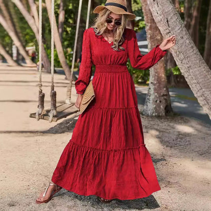 Women’s Maxi Dress – V-Neck – Smocked Waist – Tiered – Long Sleeve Flowy Fit