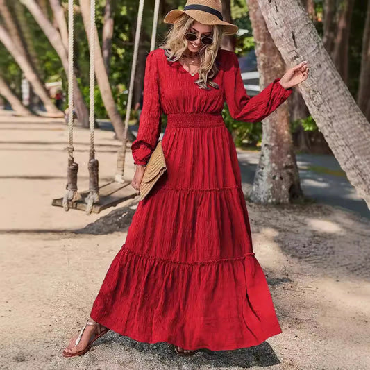 Women’s Maxi Dress – V-Neck – Smocked Waist – Tiered – Long Sleeve Flowy Fit