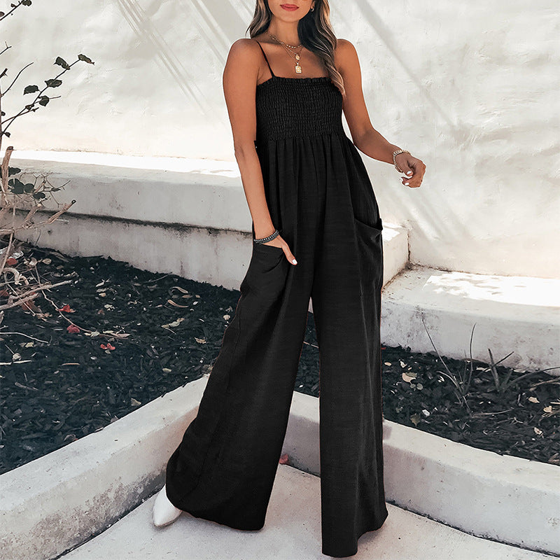Women’s Jumpsuit – Relaxed Fit – Wide Leg – Ruched Bodice – Spaghetti Straps – Pockets