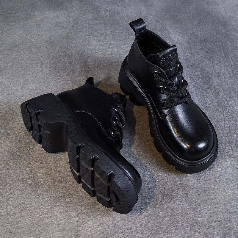 Women’s Ankle Boots – Genuine Leather – Chunky Sole – High-Top Lace-Up Design