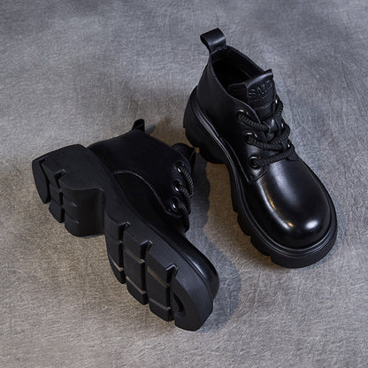 Women’s Ankle Boots – Genuine Leather – Chunky Sole – High-Top Lace-Up Design