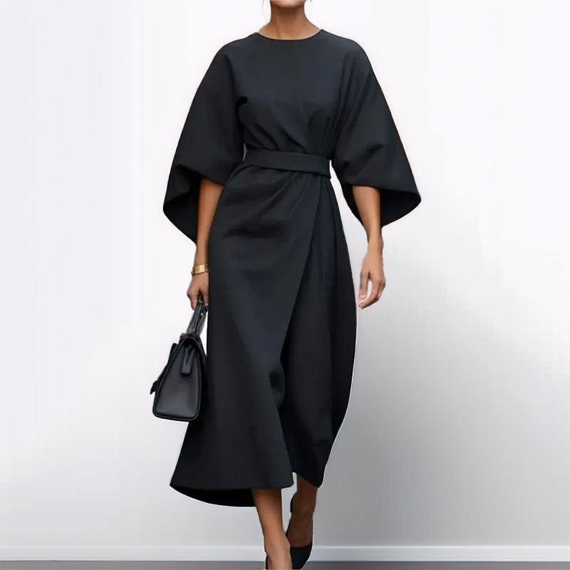 Women’s Long Dress – Satin Finish – Batwing Sleeve – Fitted Waist – Formal Wear