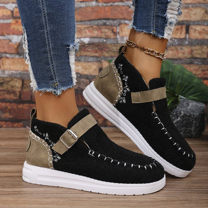 Women’s Ankle Boots – Slip-On Comfort – Buckle Strap – Textured Finish – Casual Fit