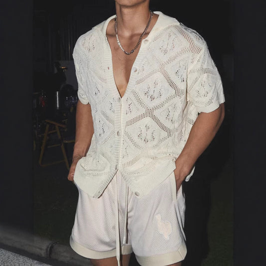 Men’s Knit Cardigan – Oversized Fit – Soft Knit – Openwork V-Neck – Short Sleeve