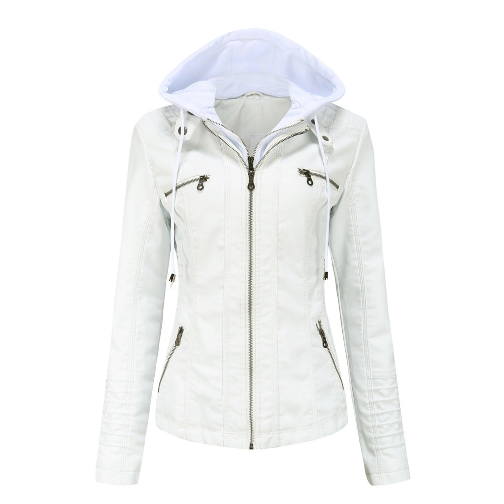 Women’s Hooded Jacket – Slim Fit – Faux Leather – Detachable Hood – Zipper Pockets