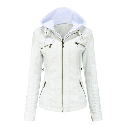 Women’s Hooded Jacket – Slim Fit – Faux Leather – Detachable Hood – Zipper Pockets