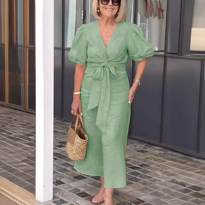 Women’s Midi Dress – V-Neck – Tie-Front Waist – Puff Sleeve – Natural Fibers – Relaxed Fit