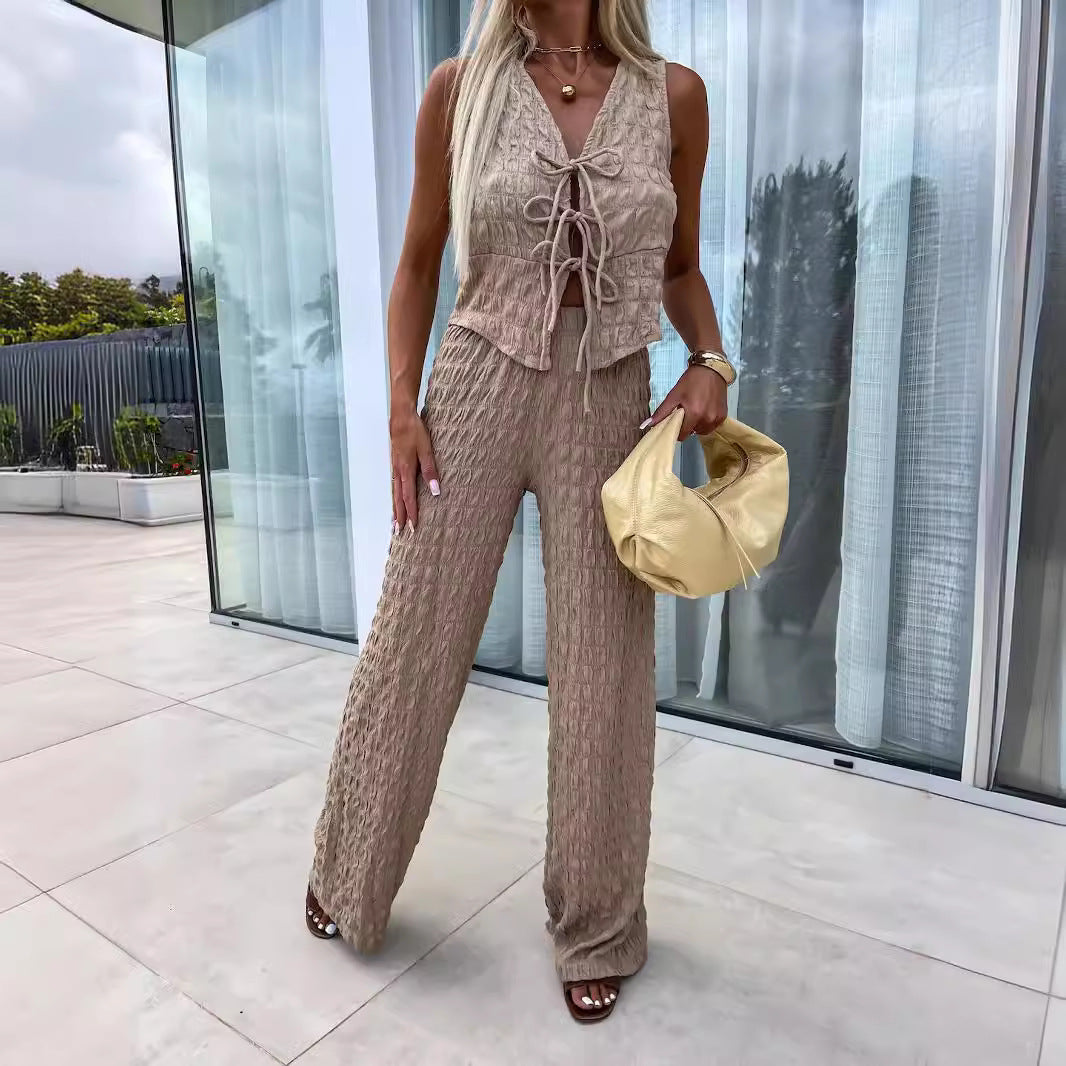 Women’s Two-Piece Set – V-Neck Tie Front Top – Crinkled Texture – Relaxed Fit Pants