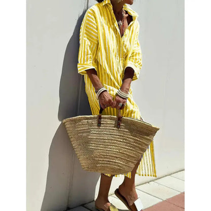 Women’s Shirt Dress – Relaxed Fit – Cotton Blend – Geometric Print – Midi Length – Button Down