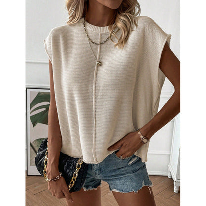 Women’s Sweater Top – Soft Knit – Relaxed Fit – Sleeveless Drop Shoulder – Ribbed Neckline