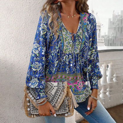 Women’s Blouse – Relaxed Fit – Tie Neck – Long Sleeve – Boho Floral Print